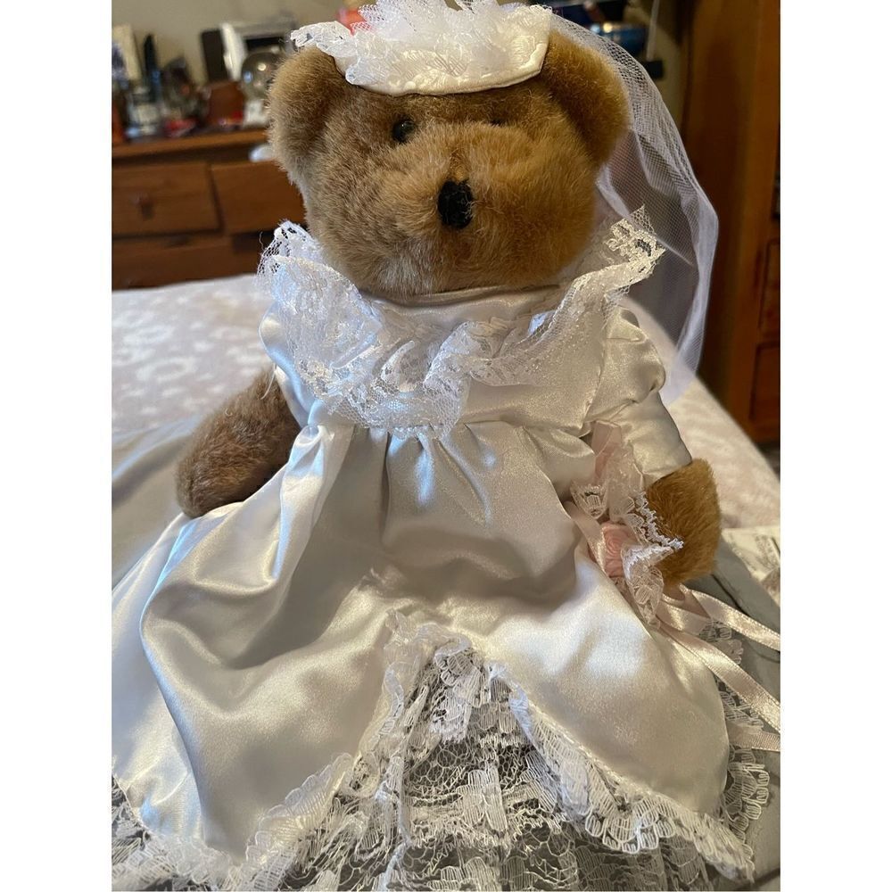 Bride Brown Teddy Bear Stuffed Plush Wedding Lace Satin Dress Stuffed Animal